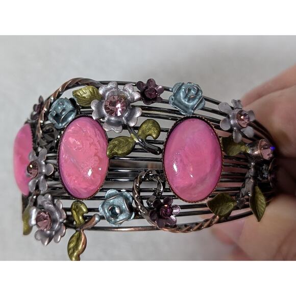 Cuff bracelet S/M pink cabochons Ename,l rhinestones see photos for measurements - Picture 9 of 13